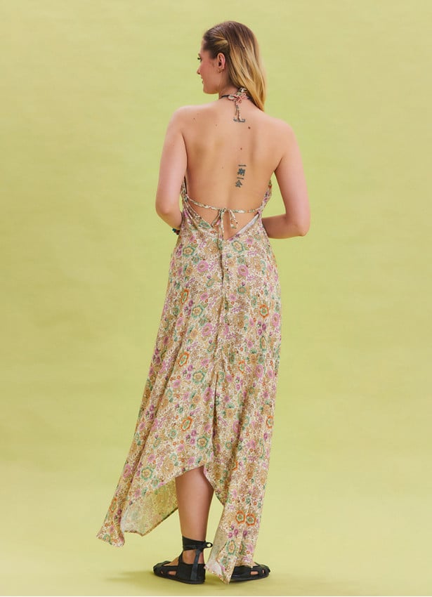 V Neck Backless Halter Neck Beige Floral Dress 4656